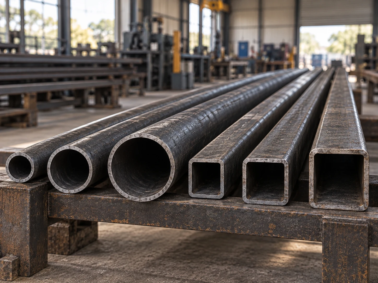 Illustrative range of black round and square steel shafts with different sizes and visible wall thicknesses