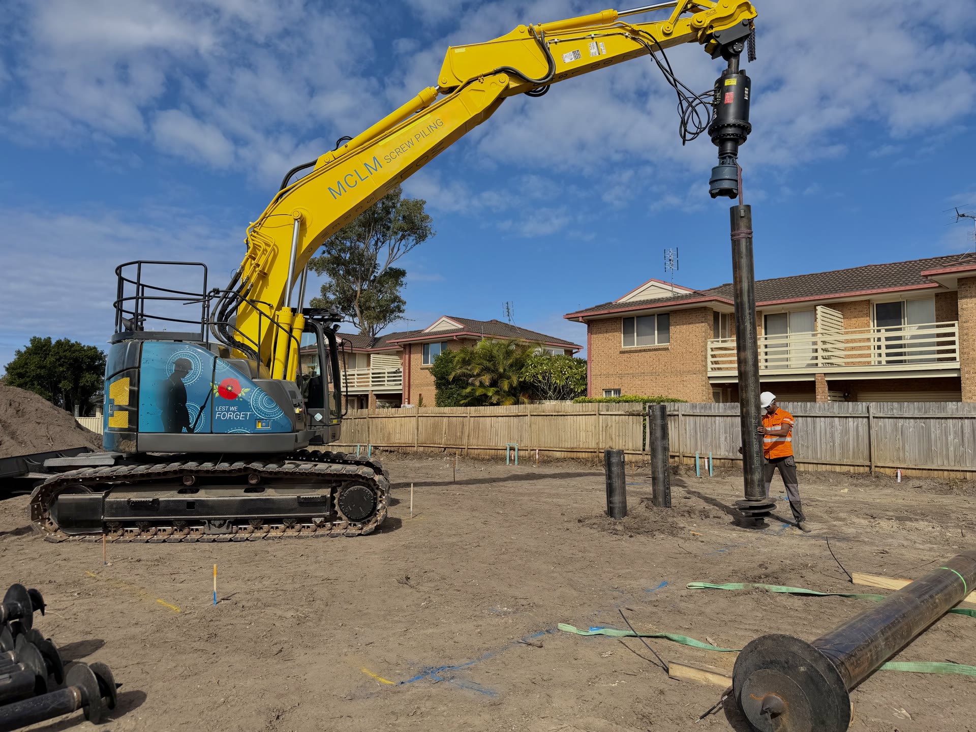 Steel screw pile installation on an Australian building site