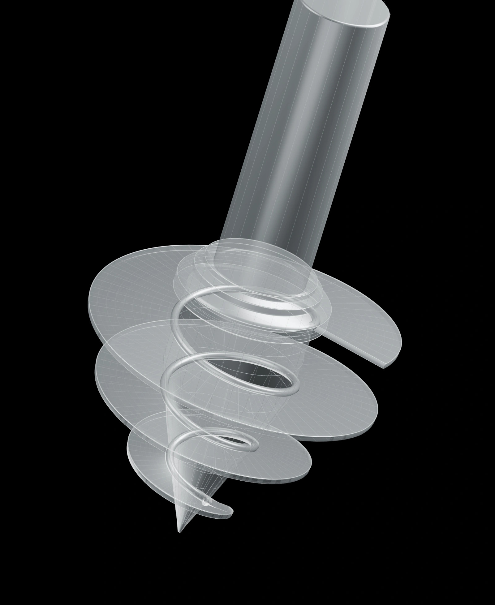 Translucent screw-pile rendering showing the stepped collar, tapered cast core and continuous helix
