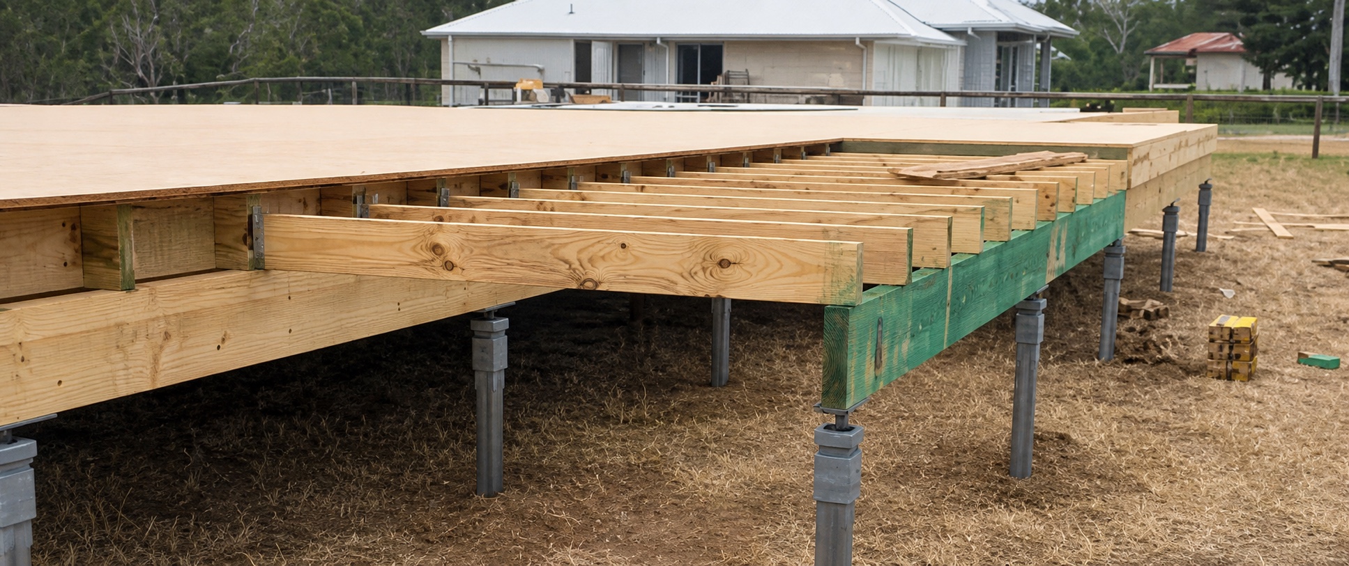 Timber platform supported on steel screw pile legs